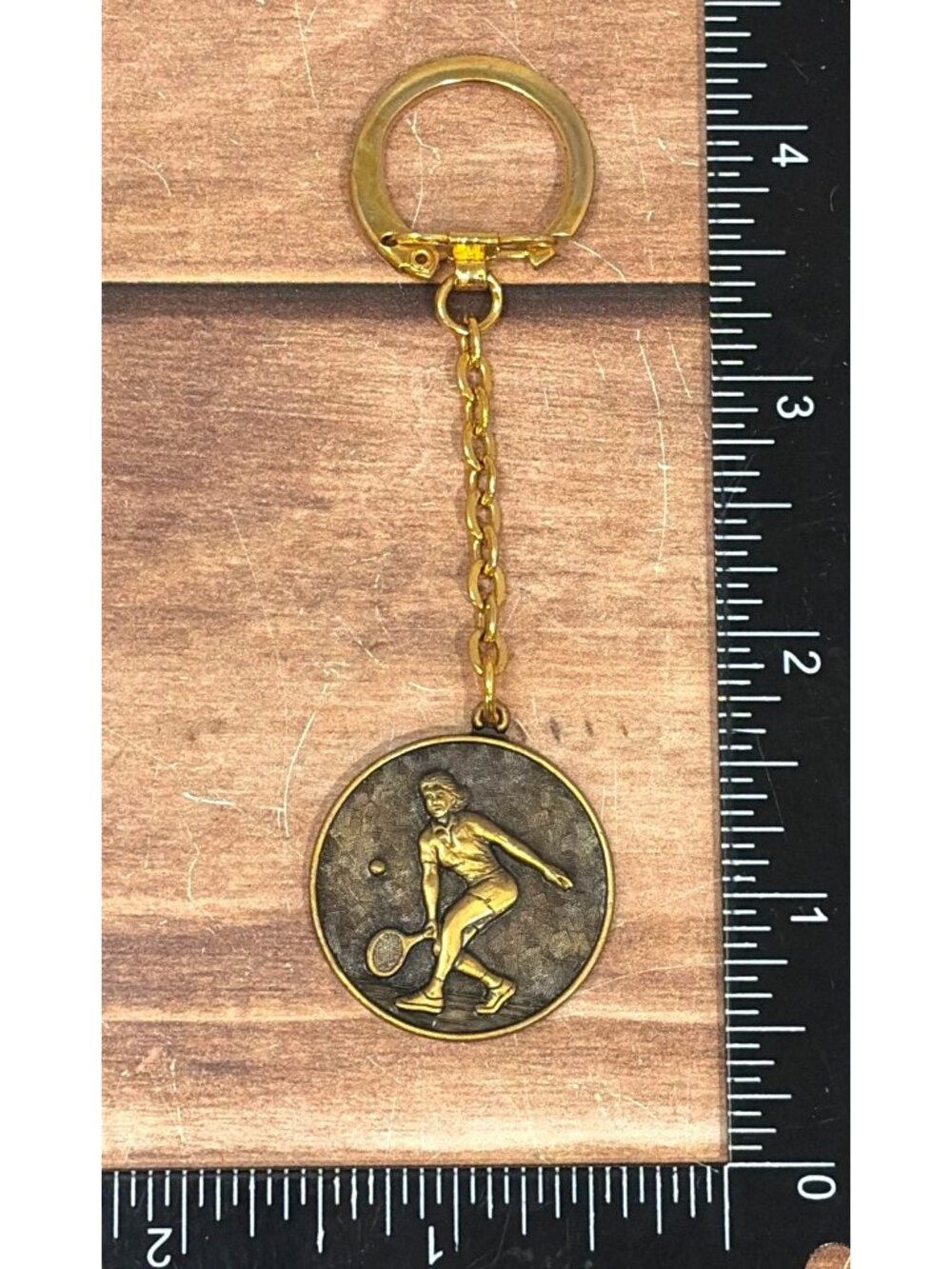 TS Vintage Female Tennis Player Keychain Gold Tone Award Trophy Shop NOS